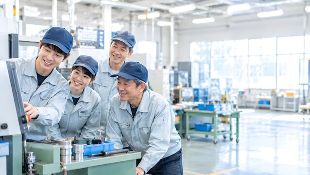清潔な生産ラインで男女作業員が和やかに操作画面を見つめる製造現場、職場環境改善や安全管理・DX推進成功のアフターシーン