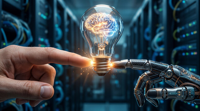  Human Finger and Robot Hand Touching Glowing Brain Lightbulb in Data Center