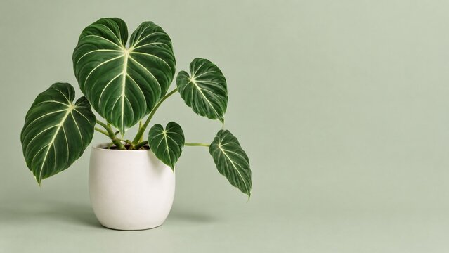 Philodendron gloriosum velvet leaves on pale sage background