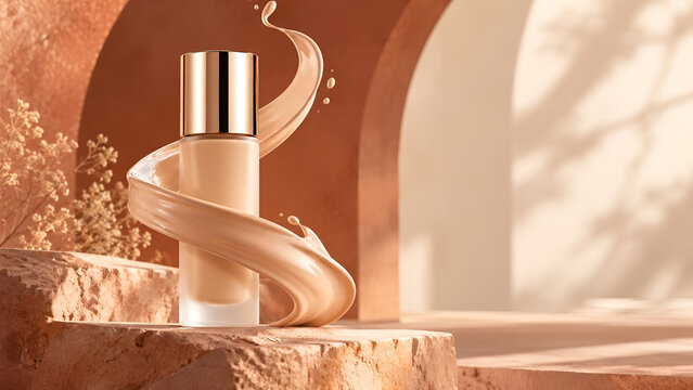 Elegant beauty product displayed artistically in a warm-toned setting, highlighting its smooth texture and luxurious packaging, perfect for ads and blogs.