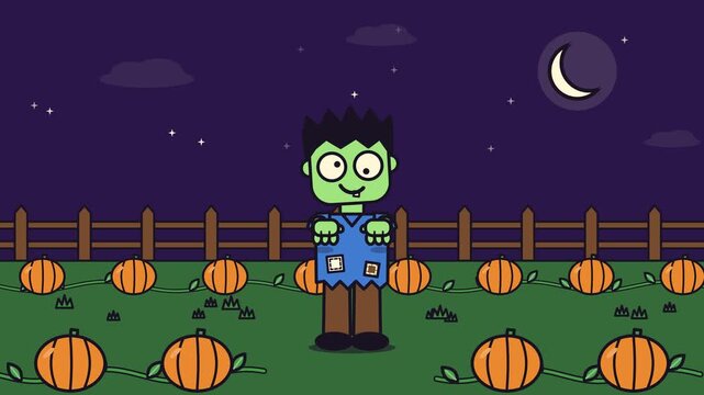 Cute cartoon zombie swaying in a pumpkin patch on a Halloween night
