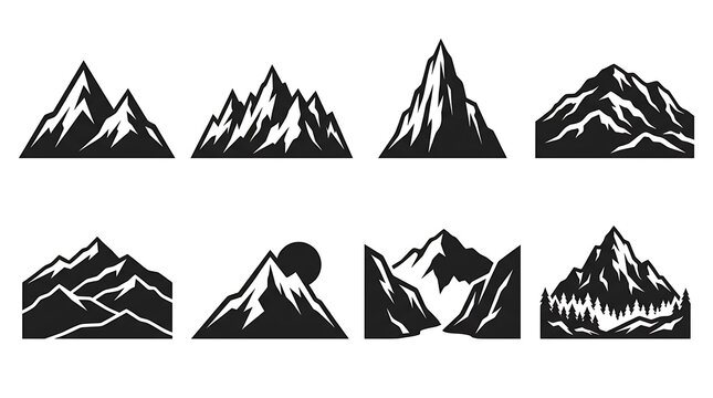 Set of black and white mountain peak icons.