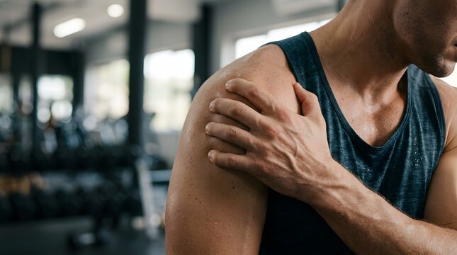 Man holding arm in pain at gym likely suffering from muscle strain or injury during workout
