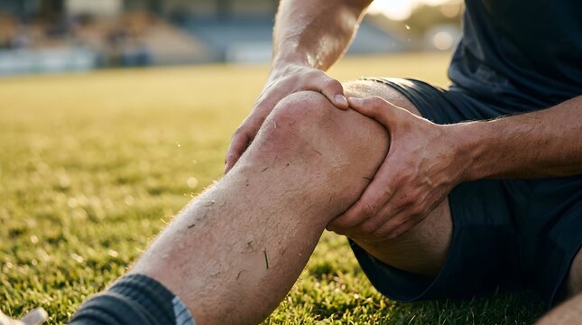 Athlete holding painful knee after sports injury on grass field during outdoor soccer match game play