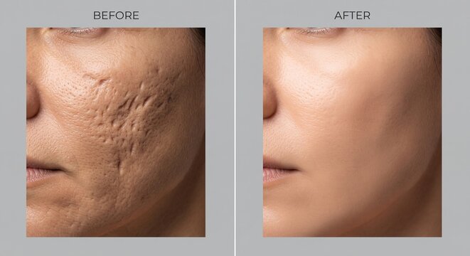 Macro close-up of female cheek with deep ice pick and rolling acne scars before and after microneedling resurfacing
