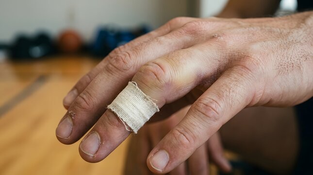 Close up of a male hand with a bandaged finger after a sports injury in a gym setting for medical care
