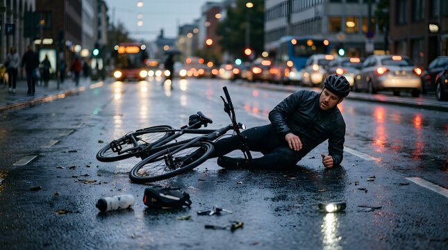 Cyclist fallen on wet city street after bicycle accident wearing helmet in evening urban traffic scene