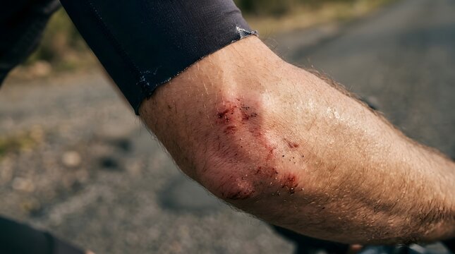 Close up of a scraped elbow injury on a cyclist arm after a fall on a road for medical care concept