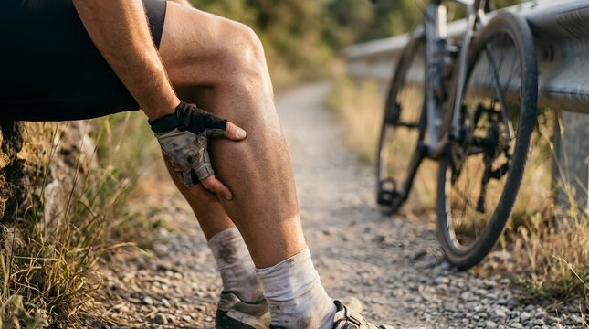 Cyclist holding painful calf muscle after injury during outdoor gravel bike ride on rural dirt path