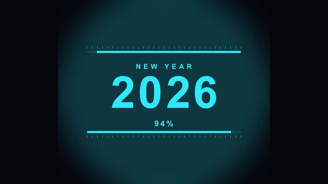 Digital countdown timer displaying the new year 2026 to 2027  with a loading progress bar on dark background a modern technological interface showing twenty six celebration with percentage