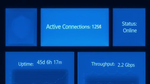 Network Server Dashboard Displaying Active Connections, Uptime, and Throughput Data in Real-Time