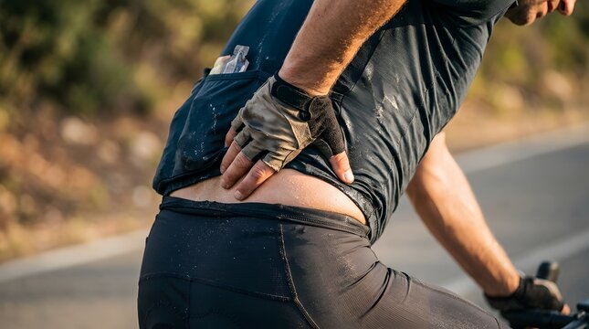Cyclist experiencing lower back pain while riding on outdoor road during training session
