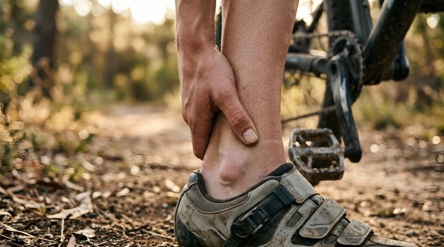Cyclist holding painful ankle after mountain bike accident on forest trail during outdoor exercise