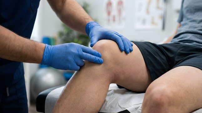 Physiotherapist examining patient knee injury in clinic for professional medical rehabilitation care