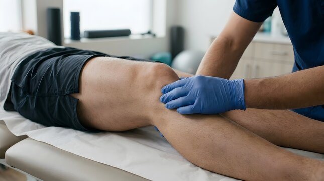 Physiotherapist examining male patient knee injury in clinic for professional medical rehabilitation
