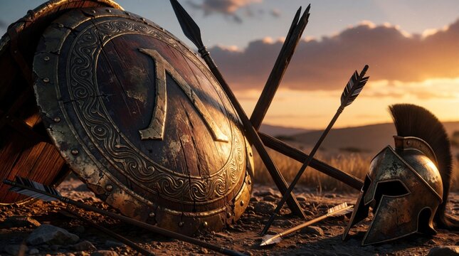 Ancient Greek warrior shield with lambda symbol lies on battlefield at sunset. Scattered arrows, bronze helmet on ground after epic fight. Dramatic twilight scene shows remnants of spartan combat,