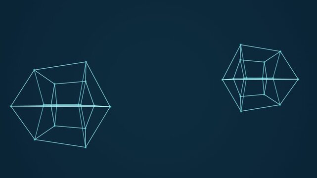 Cyan tesseract projections rotating beside an open center