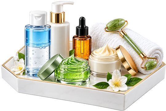 Skincare gift set with jade roller and cosmetic creams isolated on transparent background