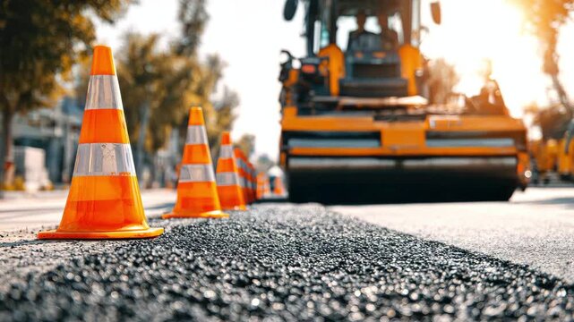 A road roller is working on freshly laid asphalt, traffic cones. Concept for roadworks, construction, and safety provision