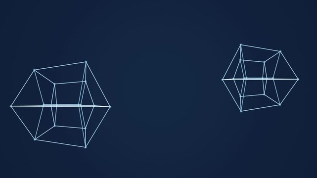 Icy blue tesseract projections on a calm navy background