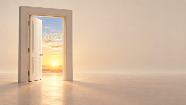 A door opening toward a new home in 2027. This represents the concept of moving, new beginnings, acquiring a home, and the opportunities that arise with a new phase in family life.