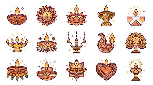 Colorful Traditional Diya Oil Lamp Collection with Decorative Mandala Designs for Diwali Festival