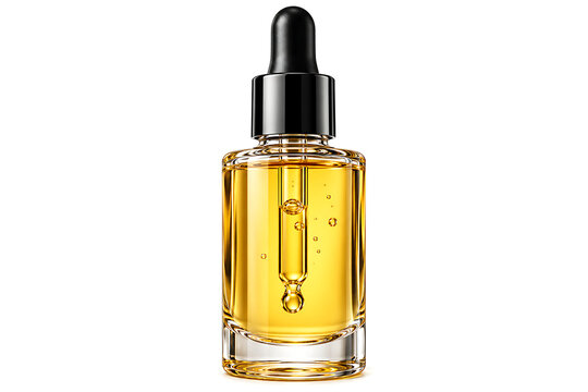 Golden serum dropper bottle with black cap isolated on transparent background for beauty