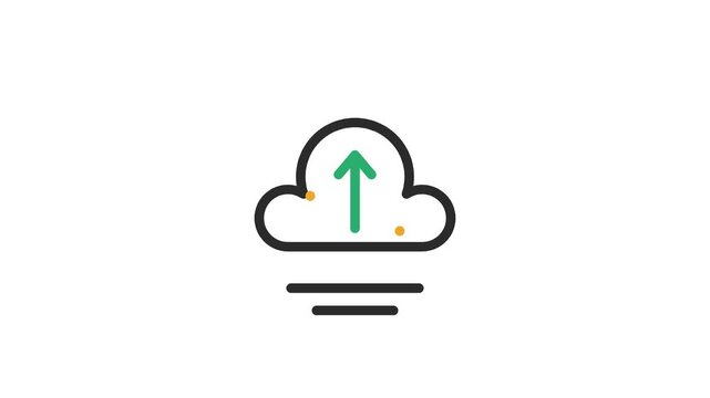 Cloud upload line animation on white background. Animated icon with bobbing arrow and rising data dots, cloud storage, backup, hosting, sync outline element. 4K video.