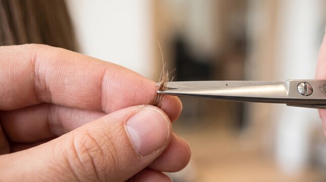 Close-up fingers hold hair strand while scissors trim split ends in soft indoor light at home today.