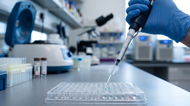 Gloved hand using pipette over microplate in modern laboratory with scientific equipment and cooling