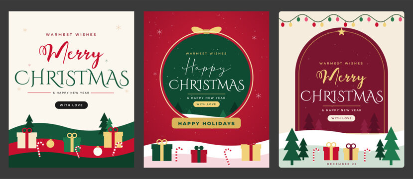 Merry Christmas and Happy New Year Greeting Card Posters with Festive Typography, Gift Boxes, Candy Canes, Christmas Trees and Colorful Lights. Concept of Holiday Joy and Celebration