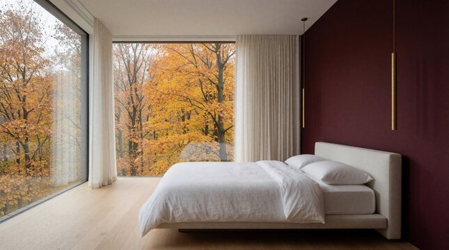Minimalist bedroom with large window view of autumn forest. White bed with soft pillows stands against deep burgundy wall. Elegant interior design features wooden floor, thin gold pendant lights.