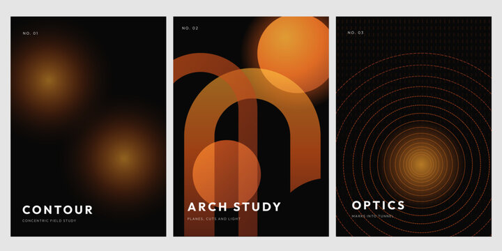 Abstract Geometric Posters with Orange Glowing Contours, Overlapping Arches and Concentric Optical Circles on Black Background. Concept of Modern Minimalist Art and Visual Design