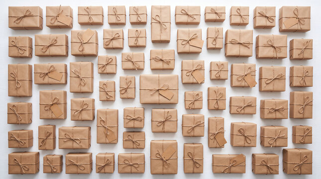 Top-down flatlay of numerous brown paper parcels tied with natural twine