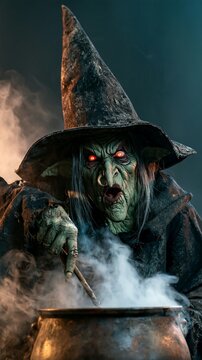 Halloween Holiday Theme. a menacing witch, set against a dark, smoky background. The witchs face is intricately detailed, featuring deep red eyes, a prominent nose ring, and a widebrimmed hat.