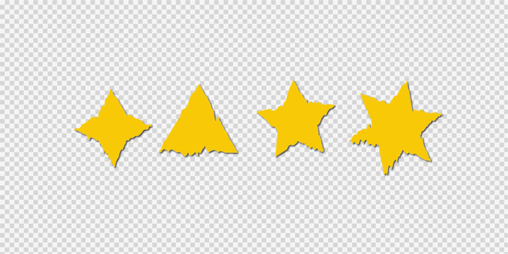 Four yellow star shapes cut out from tron paper isolated on transparent background