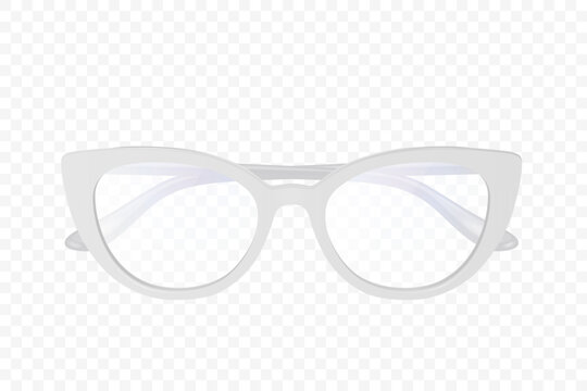 Cat Eye Glasses Vector Illustration. 3d White Cat Eye Glasses, Isolated, Top View, Front View. Retro Women Eyewear Illustration with Clear Lenses. Fashion Accessory Isolated