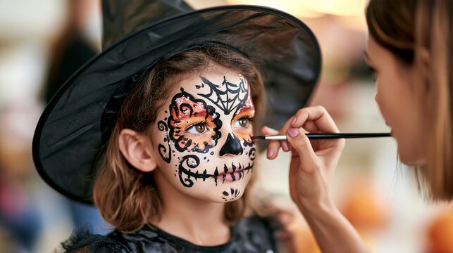 Halloween Holiday Theme. a young girl with intricate Day of the Deadinspired face paint. She wears a black witchs hat and a black dress with a floral pattern. The girls face is painted with black.