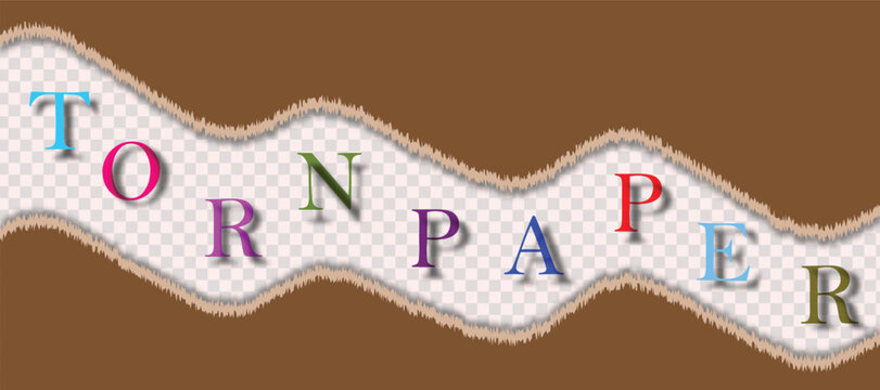 Torn paper strip with colorful letters on brown background