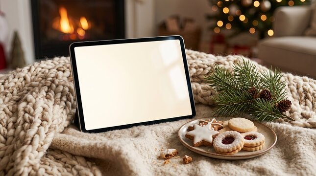 Digital tablet resting on knitted blanket beside holiday cookies, pine sprig, fireplace glow, bokeh.