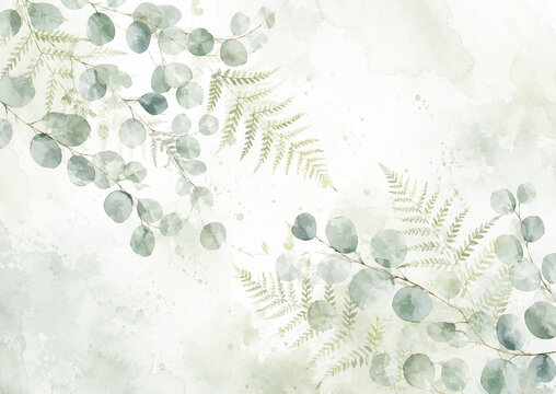 Delicate watercolor botanical background featuring soft eucalyptus leaves and fern branches in muted sage green tones on a light cream surface. Elegant minimalist nature design with generous copy spac