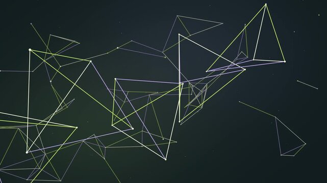 Abstract neon green and yellow polygon and wireframe lines form a complex network on a dark background, ideal for modern tech, science, and futuristic design.