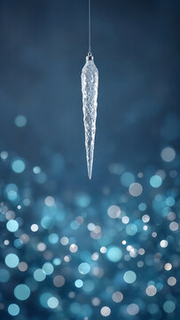 Glass Icicle Ornament Hanging with Blue Bokeh