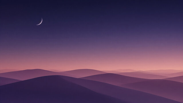 Crescent Moon Over Violet Desert Dunes at Dusk