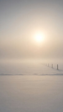 Pale Winter Sun Through Fog Over Frozen Field
