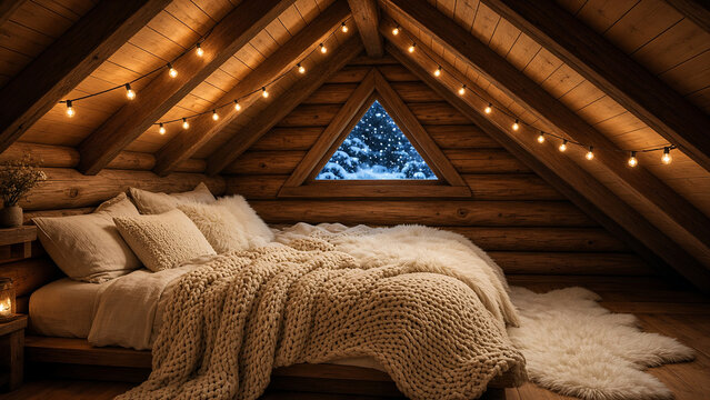 Cozy Attic Loft Bedroom in Log Cabin with String Lights
