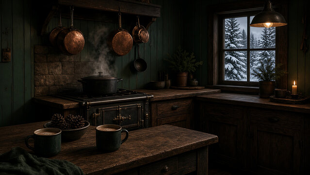 Rustic Cabin Kitchen with Cocoa and Copper Pans