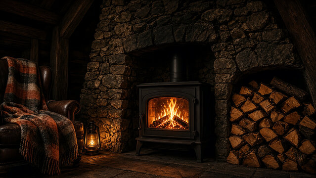 Wood Stove in Stone Hearth with Firewood and Armchair