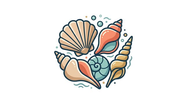 A cute vector illustration of various seashells arranged in a circle. Minimalist flat design icon set featuring different sea shells