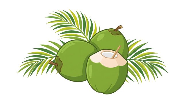 Vector illustration of three fresh green coconuts, with one coconut cut open containing a drinking straw, decorated with tropical palm leaves on a white background.